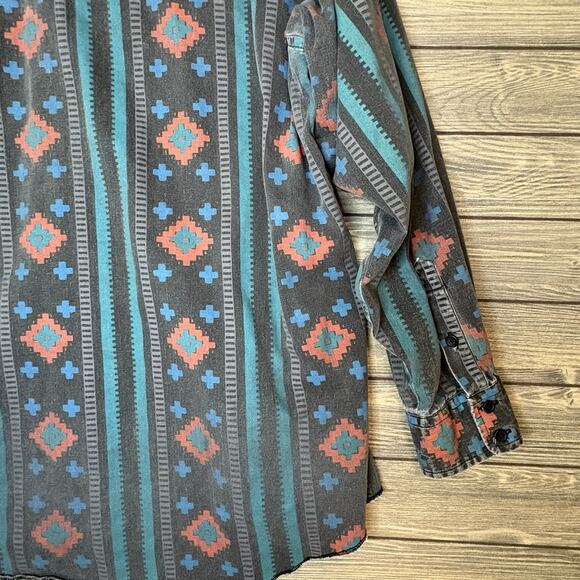VTG Wrangler Brushpopper Shirt Mens 17.5 X 35 Black Aztec X Long Tail Cowboy XL - Picture 11 of 13